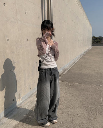 Bent Black Denim Pintuck Wide Pants